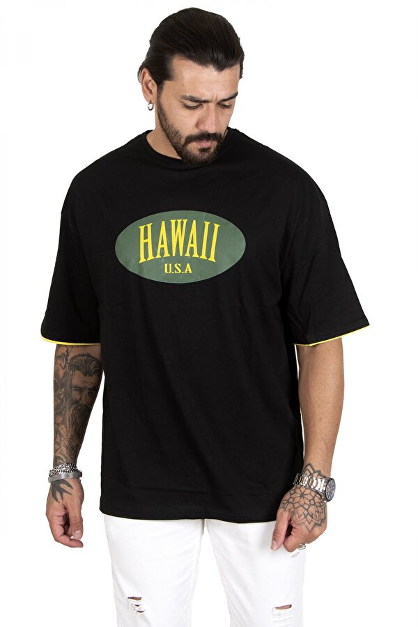 Deep Sea DeepSEA Erkek Siyah Önü Hawaii Yazı Baskılı Oversize Tişört 2200509