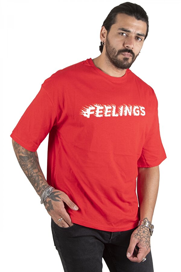 Deep Sea DeepSEA Erkek Kırmızı Önü Feelings Yazı Baskılı Oversize Tişört 2200512