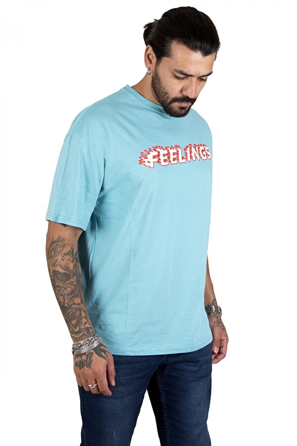 Deep Sea DeepSEA Erkek Mavi Önü Feelings Yazı Baskılı Oversize Tişört 2200512