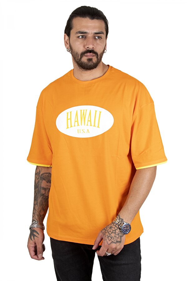 Deep Sea DeepSEA Erkek Orange Önü Hawaii Yazı Baskılı Oversize Tişört 2200509