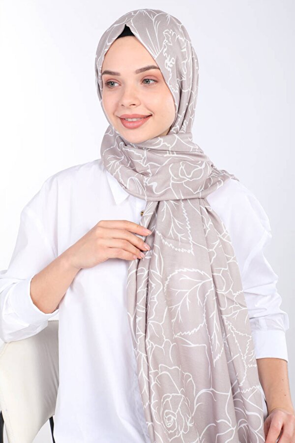 Shantuq Rose Desenli Soft Twill Şal Bej