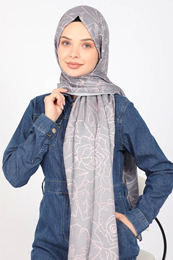 Shantuq Rose Desenli Soft Twill Şal Gri
