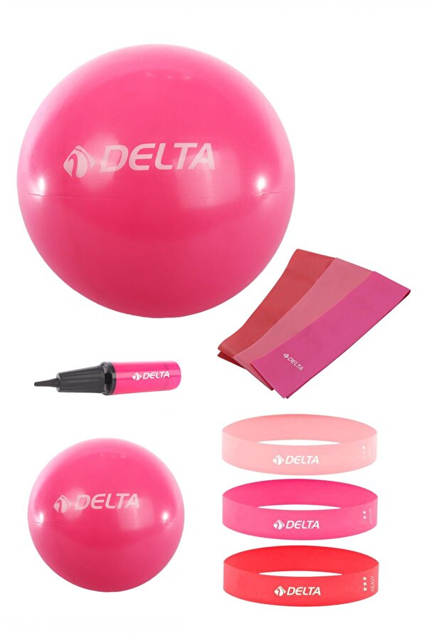Delta 55-25 cm Pilates Topu 3'lü Pilates Bandı 3'lü Squat Bandı Direnç Lastiği Şişirme Pompası Seti