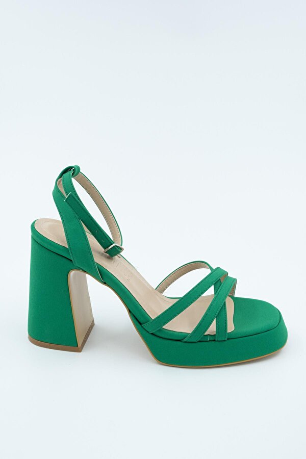 Modabuymuş Olga Yeşil Saten Kalın Platfrom Topuklu Çapraz Bantlı Ayakkabı