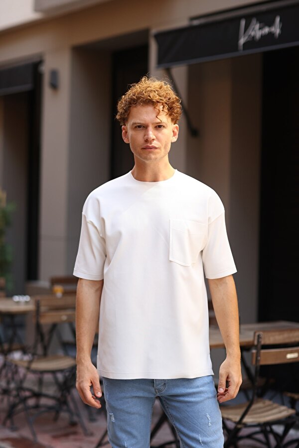 Karpefingo Erkek Tek Cepli Fitilli Beyaz T-Shirt