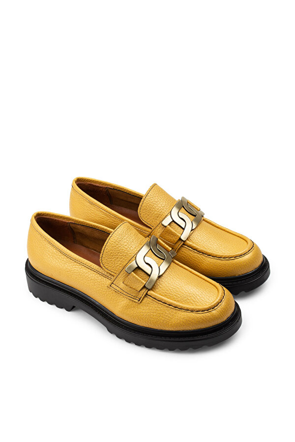 Deery Hakiki Deri Sarı Loafer Tokalı Kadın Ayakkabı