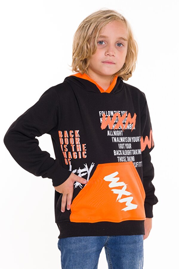 Cansın Mini Erkek Çocuk WXM Yazı Baskılı Kapşonlu Sweatshirt 14132 NA9683