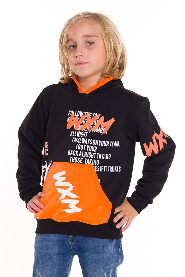 Cansın Mini Erkek Çocuk WXM Yazı Baskılı Kapşonlu Sweatshirt 14132 NA9683