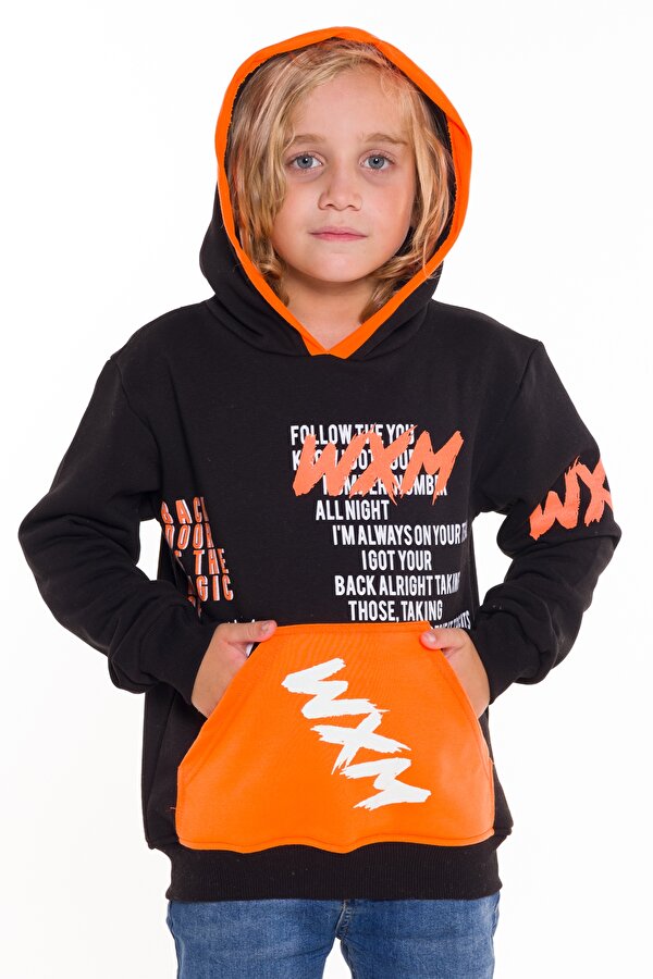 Cansın Mini Erkek Çocuk WXM Yazı Baskılı Kapşonlu Sweatshirt 14132 NA9683