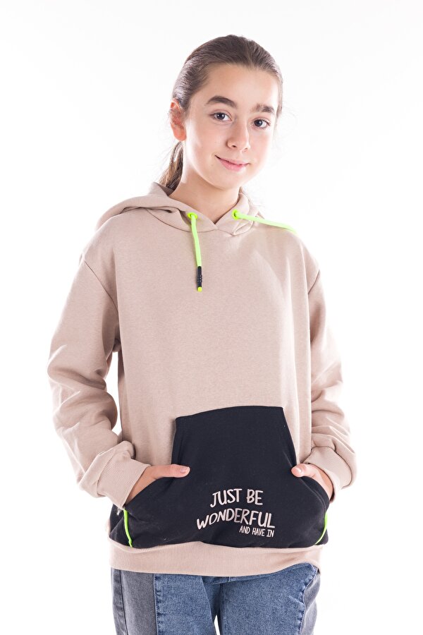 Cansın Mini Kız Çocuk Made Yazı Baskılı Kapşonlu Sweatshirt 14164