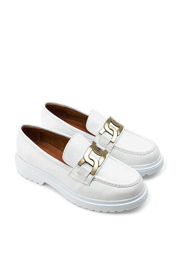 Deery Hakiki Deri Beyaz Tokalı Loafer Kadın Ayakkabı