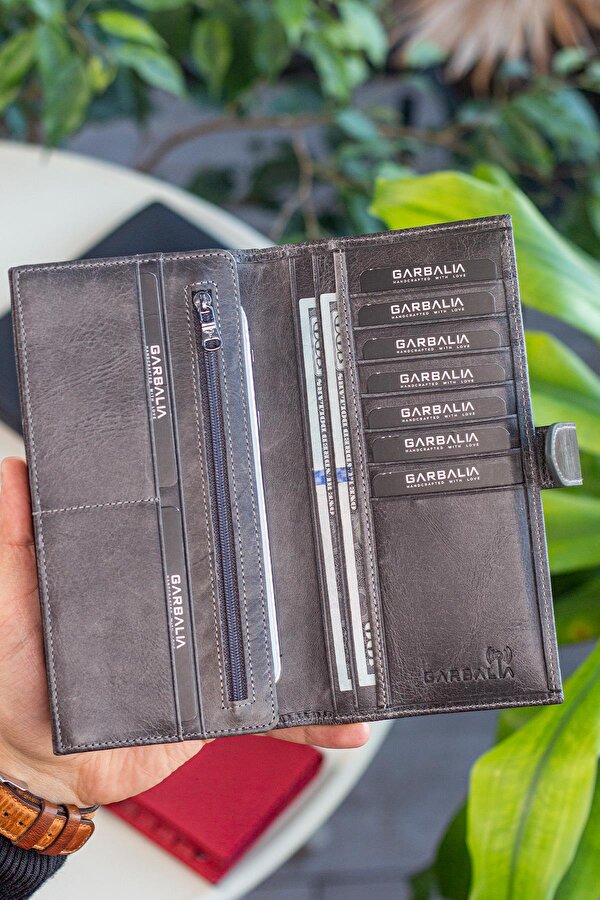 Garbalia Albert Hakiki Deri RFID Engelleyici Telefon Bölmeli Kırmızı Unisex Cüzdan Gri