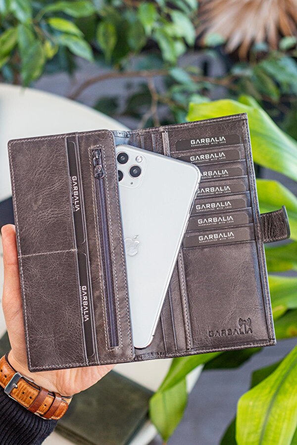Garbalia Albert Hakiki Deri RFID Engelleyici Telefon Bölmeli Kırmızı Unisex Cüzdan Gri