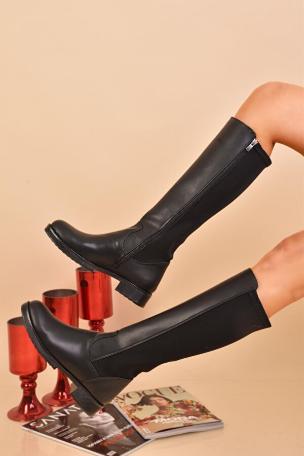 Odesa Ayakkabı ModaOnn Kadın Günlük Rahat Esnek Lastikli Dalgıç Kumaş Kısa Topuklu Fermuarlı Diz Altı Çizme