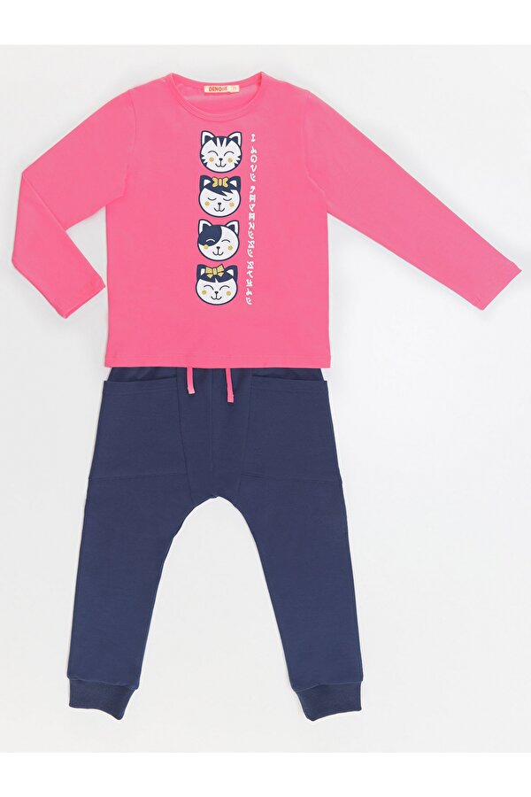 Denokids Japan Cats Kız Çocuk T-shirt Pantolon Takım
