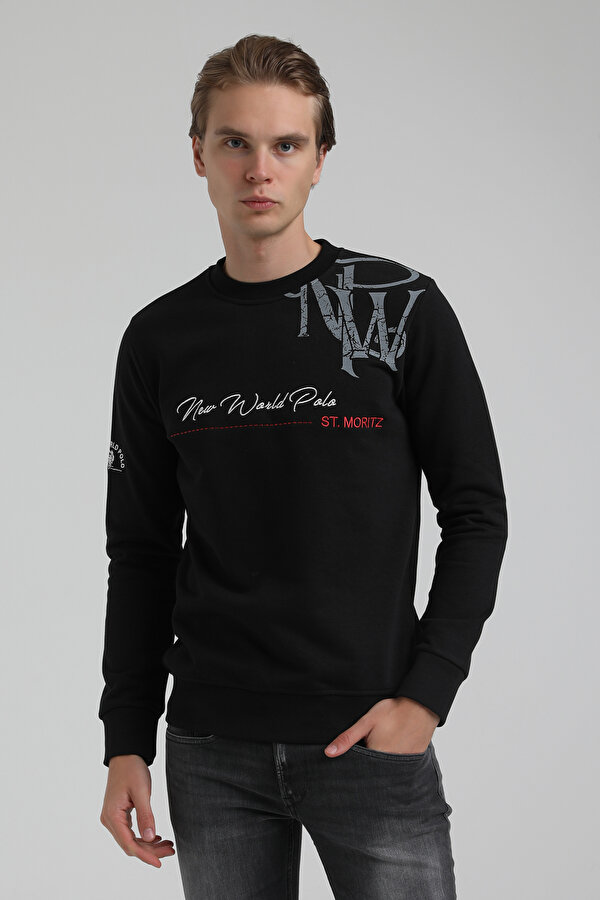 New World Polo Bisiklet Yaka Siyah Slim Fit Sweatshirt 22FWM60139 QR9268