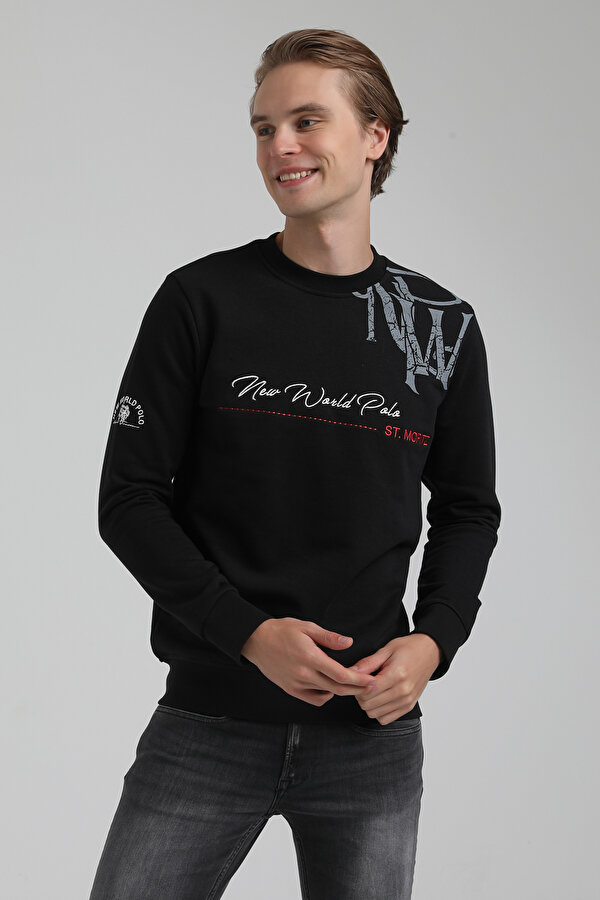 New World Polo Bisiklet Yaka Siyah Slim Fit Sweatshirt 22FWM60139 QR9268