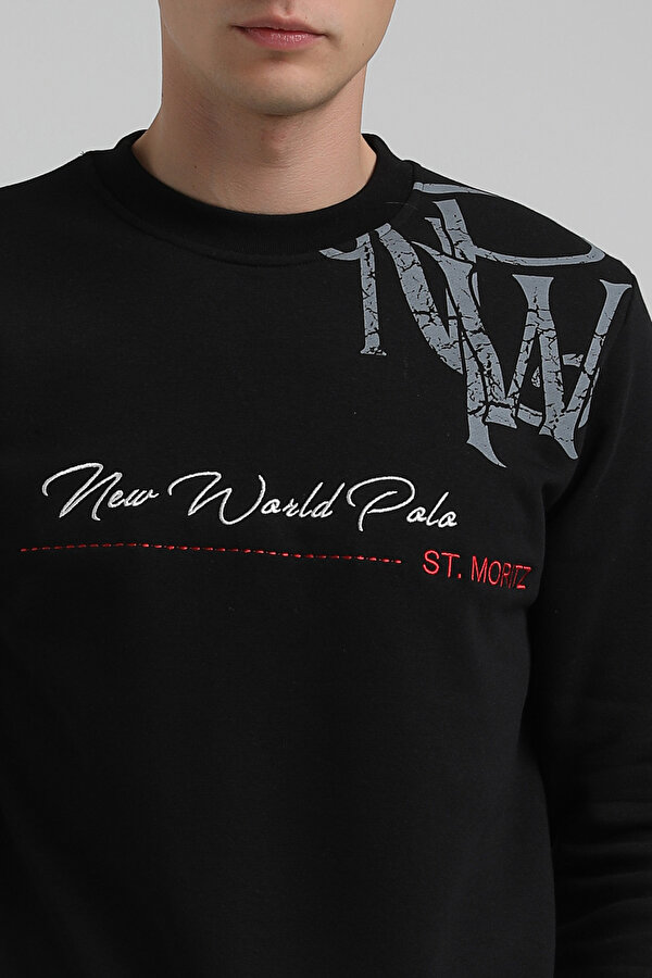 New World Polo Bisiklet Yaka Siyah Slim Fit Sweatshirt 22FWM60139 QR9268