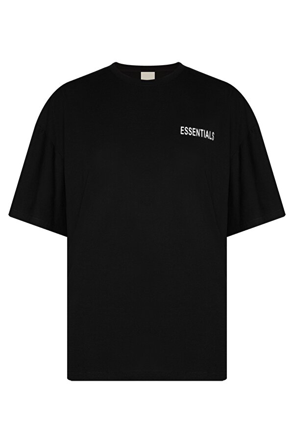 Xhan Siyah Essentials Bisiklet Yaka Arkası Baskılı Oversize T-Shirt 2YXE2-45974-02