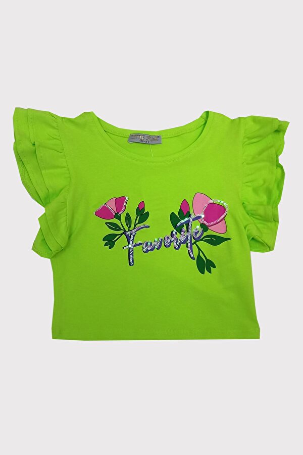 Little Star Kız Çocuk Çiçekli Kolu Fırfırlı Baskılı T-Shirt