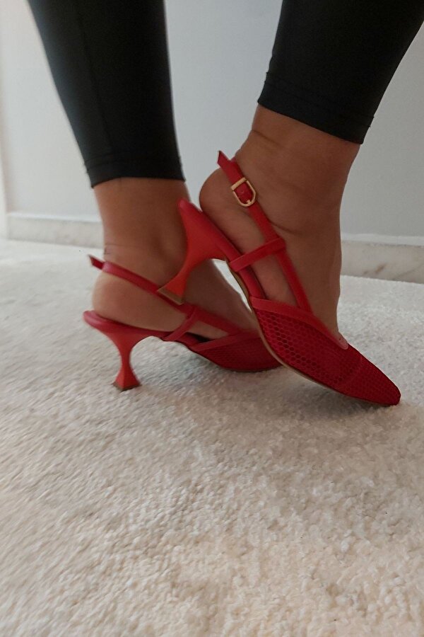La Scada Kırmızı Parçalı Fileli Kadın Topuklu Ayakkabı 22920-106 TN8699