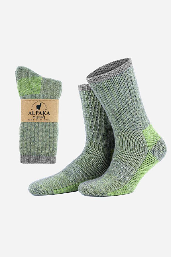 Aytuğ Unisex Alpaka Yünü Havlu Kışlık Gri/Yeşil Soket Çorap - A-6006