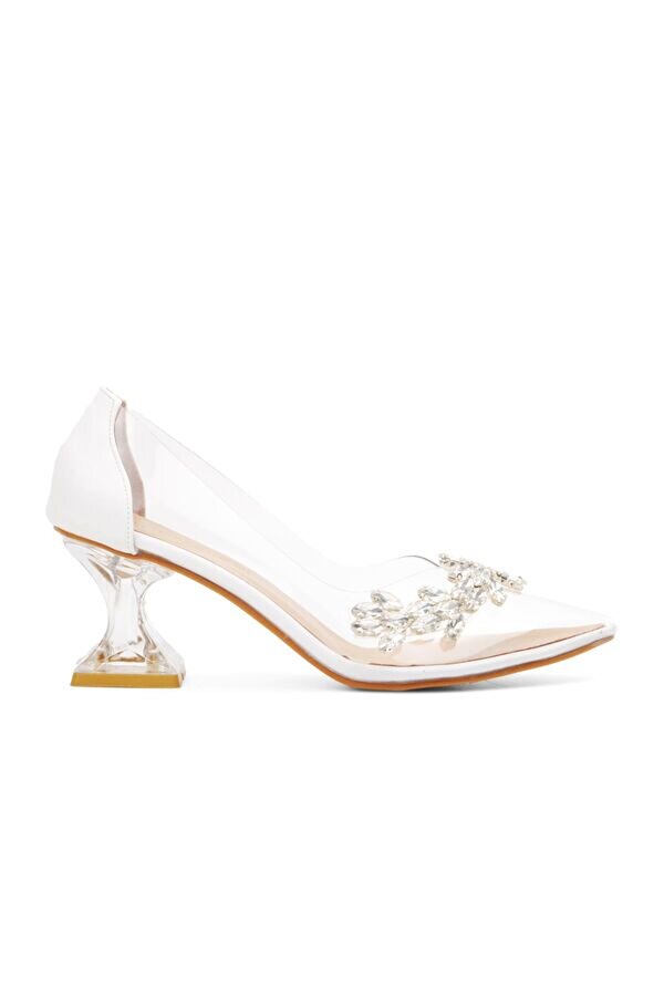 Park Moda Beyaz Cilt Taş Detaylı Şeffaf Kadın Topuklu Ayakkabı