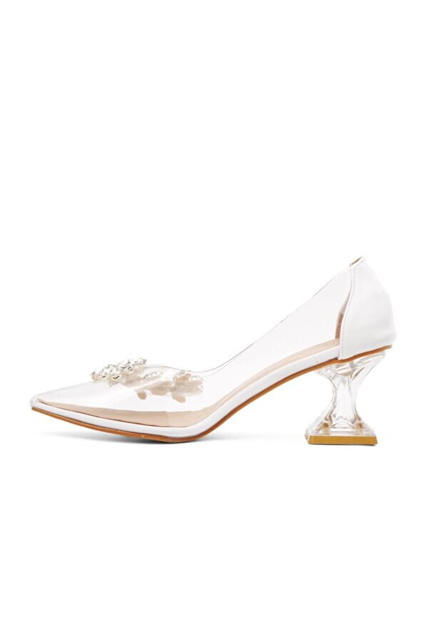 Park Moda Beyaz Cilt Taş Detaylı Şeffaf Kadın Topuklu Ayakkabı CN8335