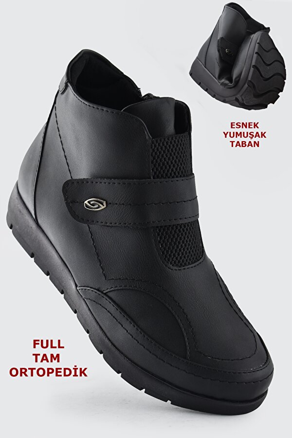Ayakkabı Burada 250 FULL Ortopedik Taban Cırtlı Siyah Anne Botu Kadın Cırtlı Bot Ayakkabı