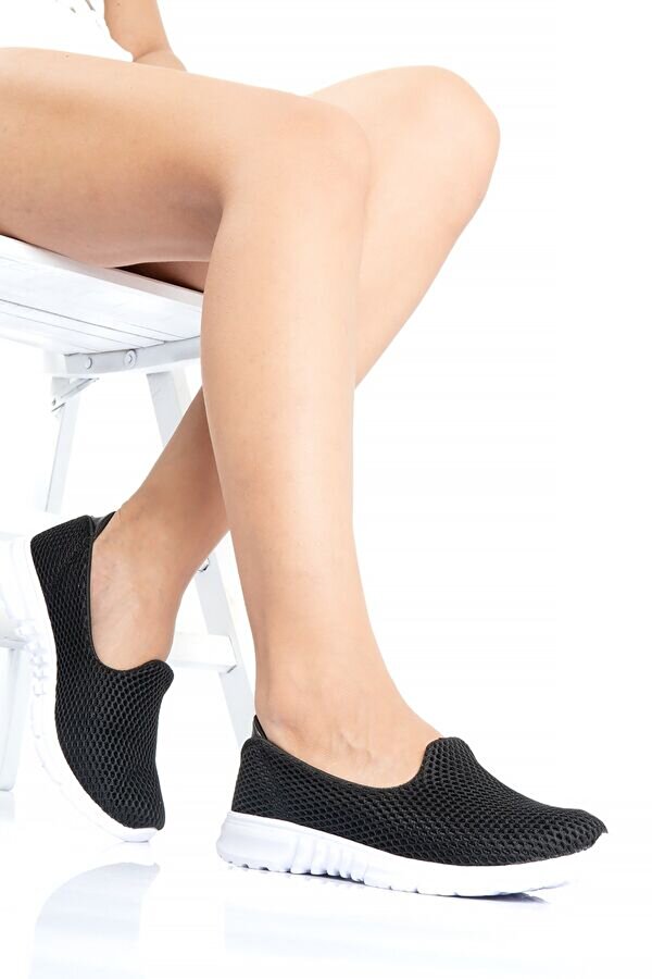 Siyah Streş Beyaz Tabanlı Kadın Babet Ayakkabı