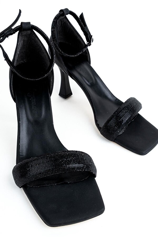 Modabuymuş Toffyx Siyah Taşlı Geniş Bantlı Topuklu Abiye Ayakkabı IV9455