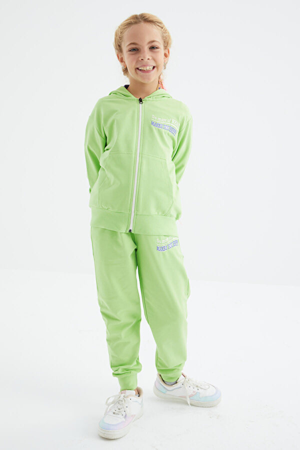 Fıstık Yeşil Minimal Yazı Nakışlı Kapüşonlu Oversize Kız Çocuk Eşofman Takımı - 75088