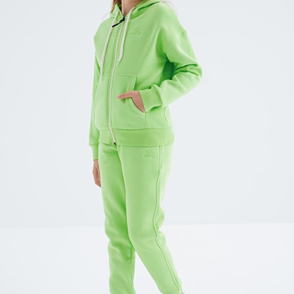 Fıstık Yeşil Basic Fermuarlı Kapüşonlu Oversize Jogger Kız Çocuk Eşofman Takımı - 75101