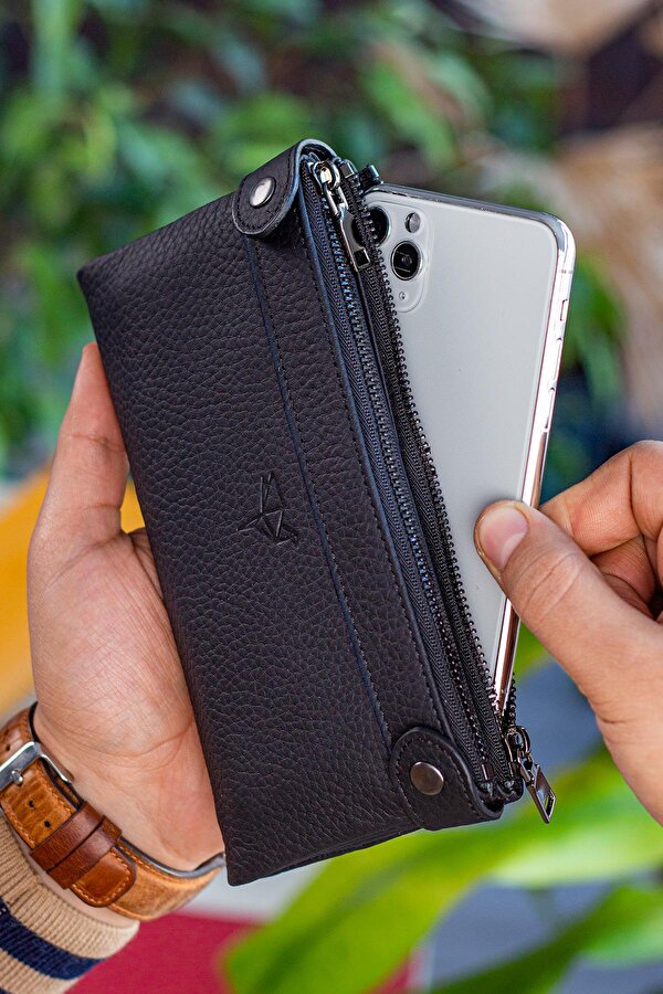 Roosevelt Hakiki Deri Telefon Bölmeli El Saplı Unisex Portföy Cüzdan Siyah