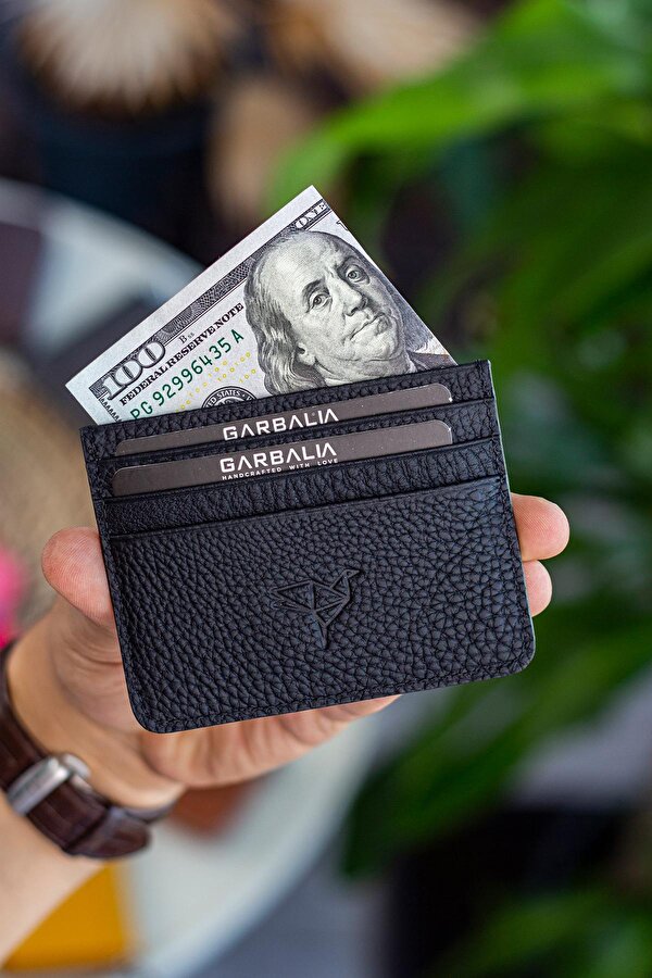 Garbalia Cape Hakiki Deri Klasik İnce Unisex Kartlık Siyah