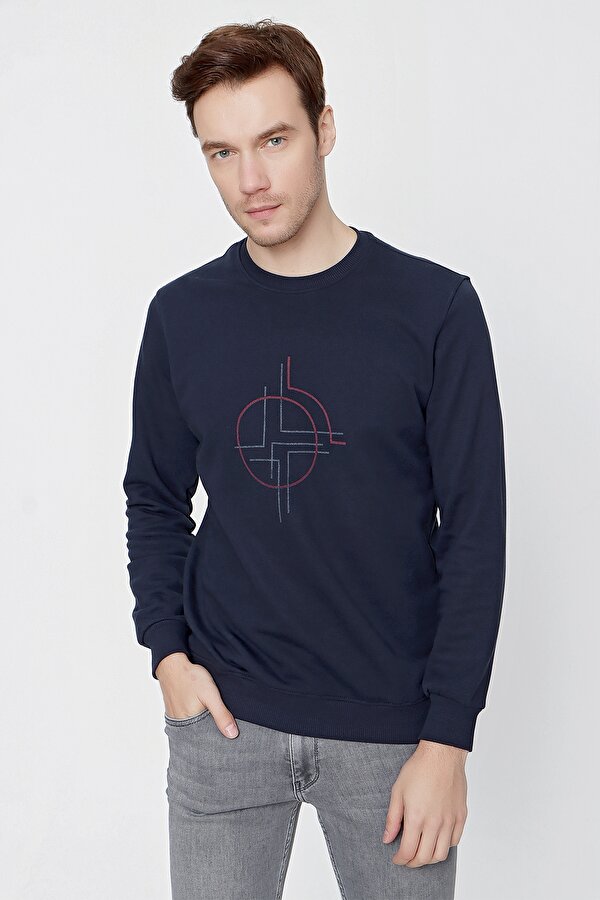 Morven Erkek Lacivert Trend Desenli Bisiklet Yaka Sweatshirt