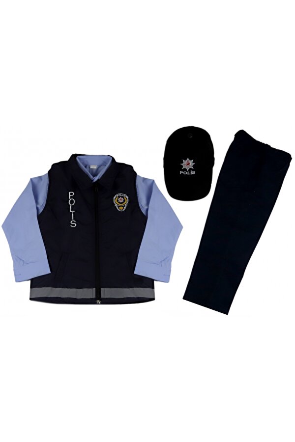 Liyavera Unisex Çocuk Mavi Yelekli Gömlekli Polis Kostümü Yelekli Polis Kıyafeti Üniforması