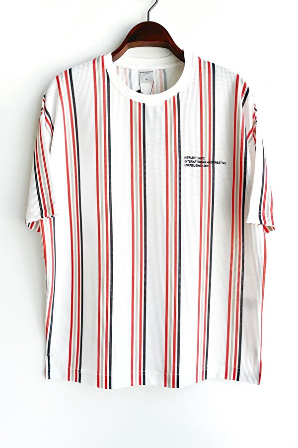 Karpefingo Erkek New Art Nakışlı Cizgili Beyaz-Kırmızı T-Shirt
