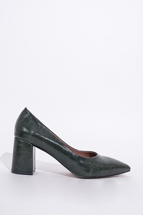 Modabuymuş Marla Yeşil Krok Baskılı Kalın Topuklu Stiletto Ayakkabı