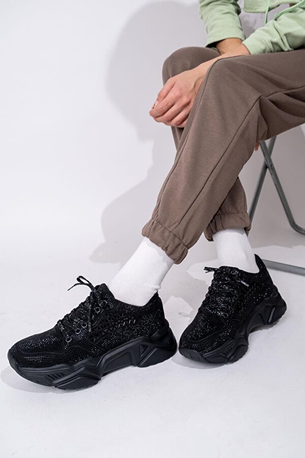Modabuymuş Siyah Taşlı Sneaker Kadın Spor Ayakkabı - Dofi