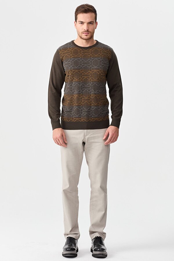 Desen Triko Erkek Önü Desenli Yün Kazak 2611 Kahverengi