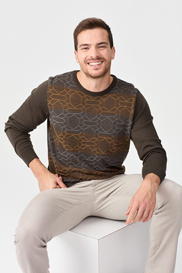 Desen Triko Erkek Önü Desenli Yün Kazak 2611 Kahverengi