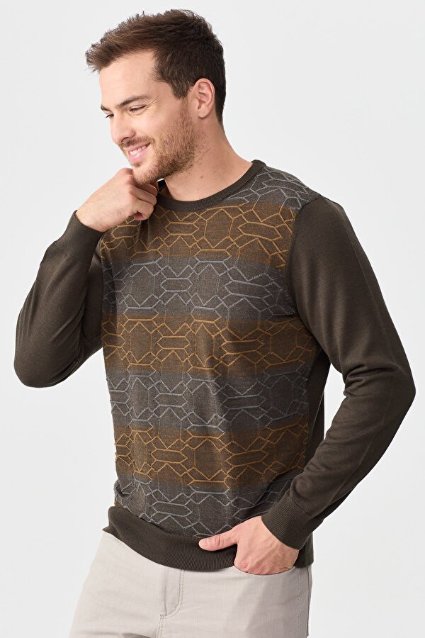 Desen Triko Erkek Önü Desenli Yün Kazak 2611 Kahverengi