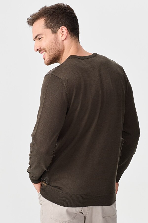 Desen Triko Erkek Önü Desenli Yün Kazak 2611 Kahverengi