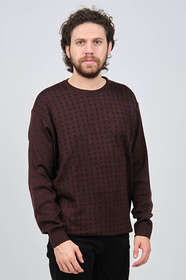 Çizgi Triko Erkek Bisiklet Yaka Desenli Kazak 425554216 Bordo