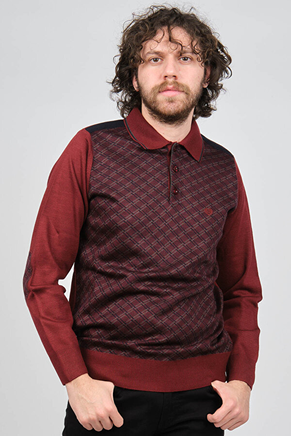 Pelikan Erkek Desenli Dirsek Detaylı Polo Yaka Kazak 1577423 Bordo