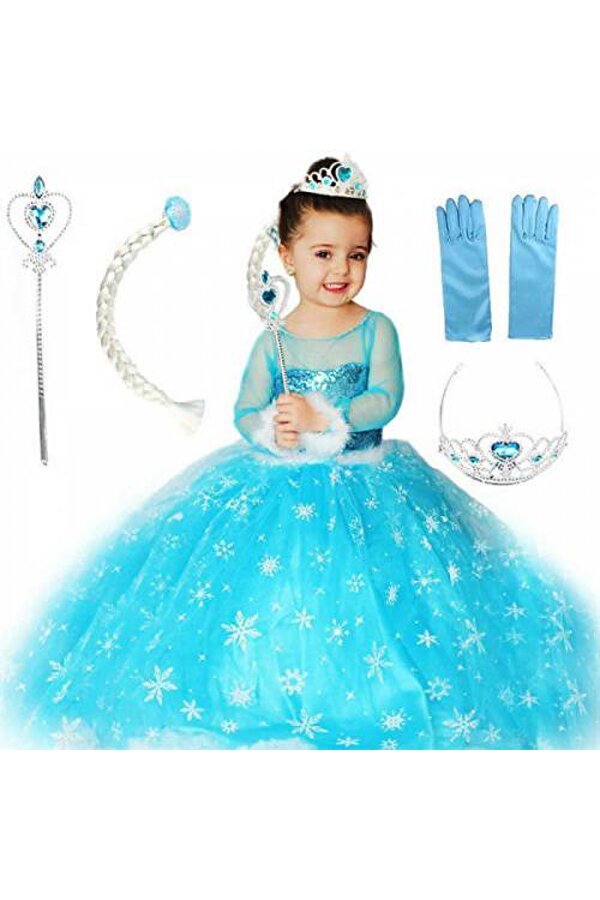 Mashotrend Frozen Elsa Çocuk Kostümü - Tarlatanlı Uzun Kollu Simli Kostüm + Full Set