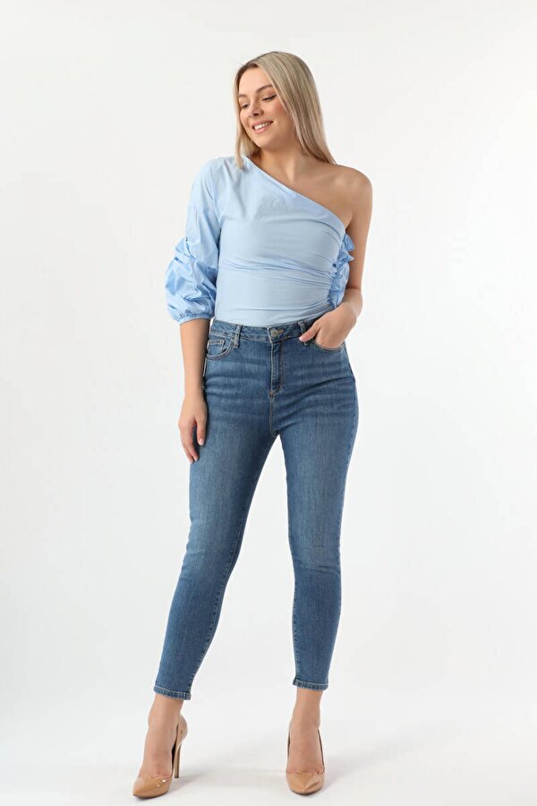 Blue White Kadın Yüksek Bel Düz Slim Fit Jean Pantolon Mavi