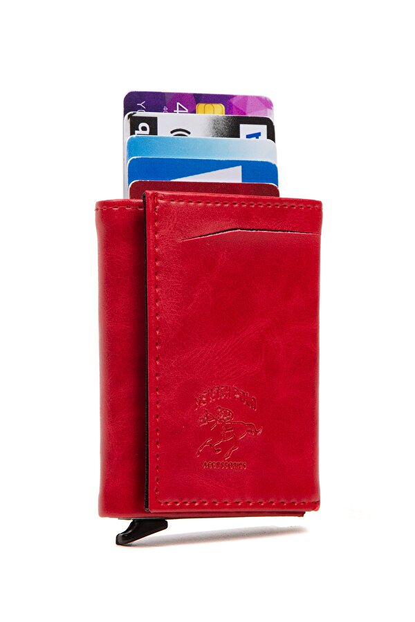 byHAKAN nws-crazy Newish Unisex Suni Deri Mekanizmalı Otomatik Kızaklı Kartlık Cüzdan (7CMX10CM) KIRMIZI NA12164