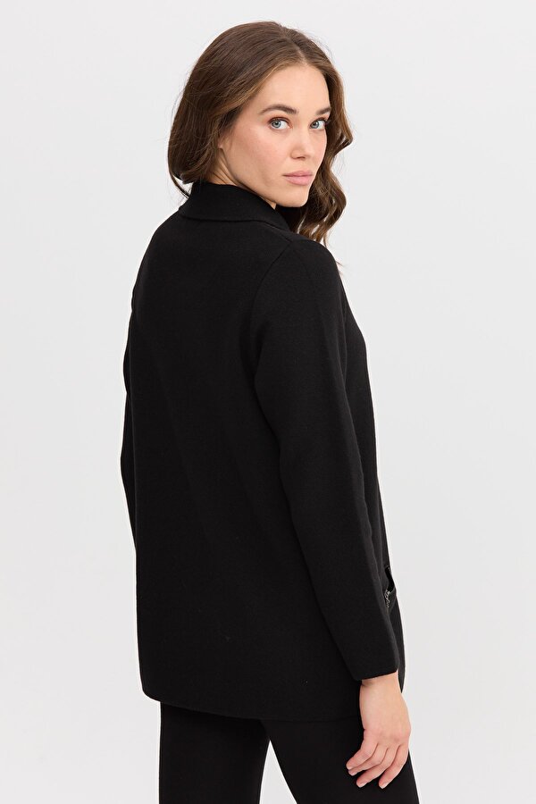 Desen Triko Kadın Polo Yaka Cebi Fermuarlı Yün Hırka 0242128 Siyah